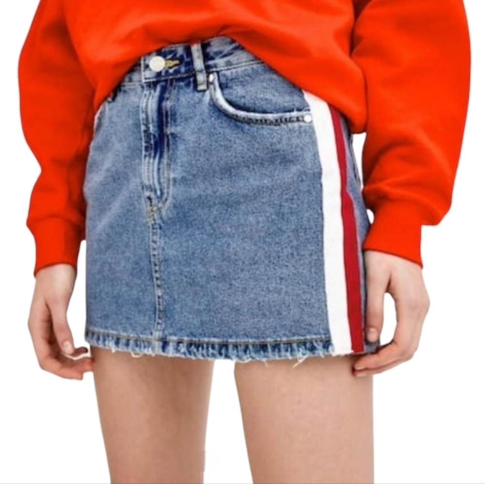 Zara Trafaluc TRF Denim Jean Mini Skirt w/Red & White Stripes size XS EUC